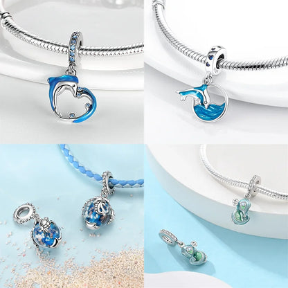 Charms aus 925er-Sterlingsilber, Perlen-Anhänger, Muschel, Delfin, Hippocampus, blauer Charm für Damen, Armband, Schmuck, Geschenk