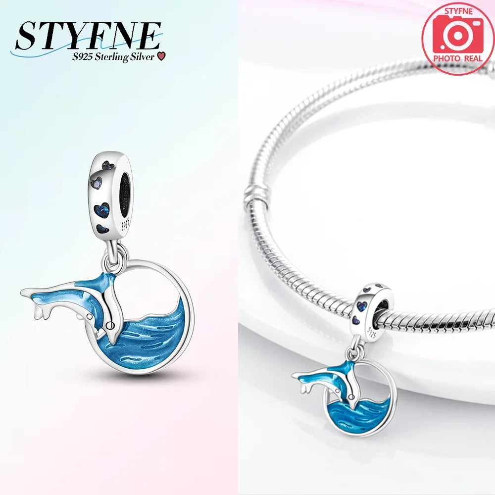 Charms aus 925er-Sterlingsilber, Perlen-Anhänger, Muschel, Delfin, Hippocampus, blauer Charm für Damen, Armband, Schmuck, Geschenk