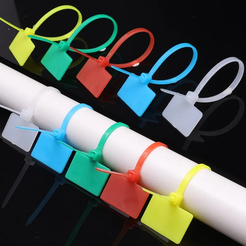 100–500 Stück bunte Nylon-Kabelbinder mit Etiketten, selbstsichernde Draht-Organizer, Kunststoff-Ringmarkierungen, Kabelbinder, Büro-Befestigungsgurte