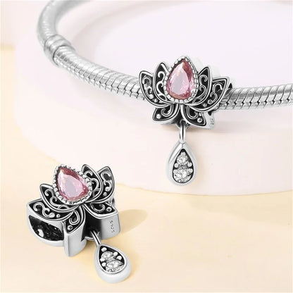 Lotus-Charm-Anhänger aus 925er-Sterlingsilber mit Zirkonia, passend für DIY-Armband-Halskette, Geschenk für Sie, Colgante Plata