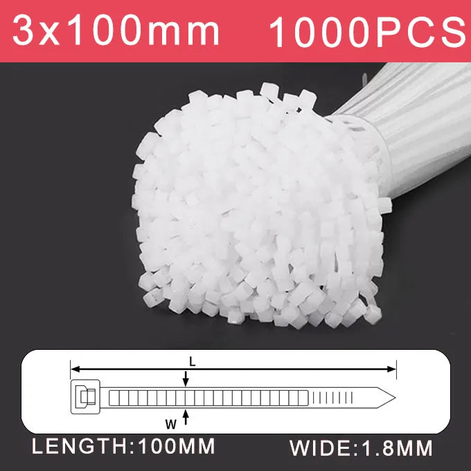 250/500/1000 Stück weiße selbstsichernde Kunststoff-Nylon-Kabelbinder 3 * 100 3 * 150 4 * 200 Befestigungsring Nylon-Klemmband mit Schloss