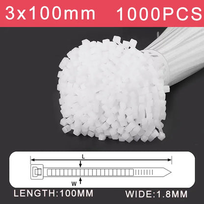 250/500/1000 Stück weiße selbstsichernde Kunststoff-Nylon-Kabelbinder 3 * 100 3 * 150 4 * 200 Befestigungsring Nylon-Klemmband mit Schloss