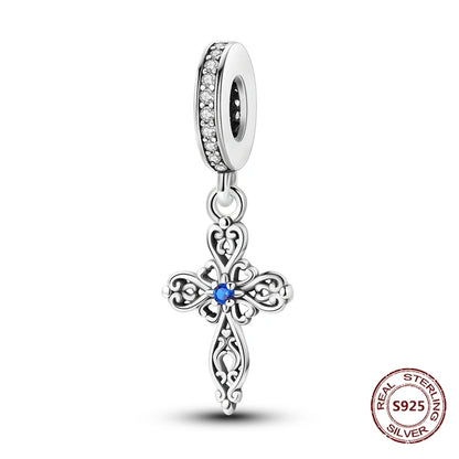Teufelsaugen-Charm aus 925er Silber, Original-Hand der Fatima, blauer Zirkon, Kreuz, blaue Augen, passend für Armbänder, DIY-Herstellung von Schmuck, Geschenk