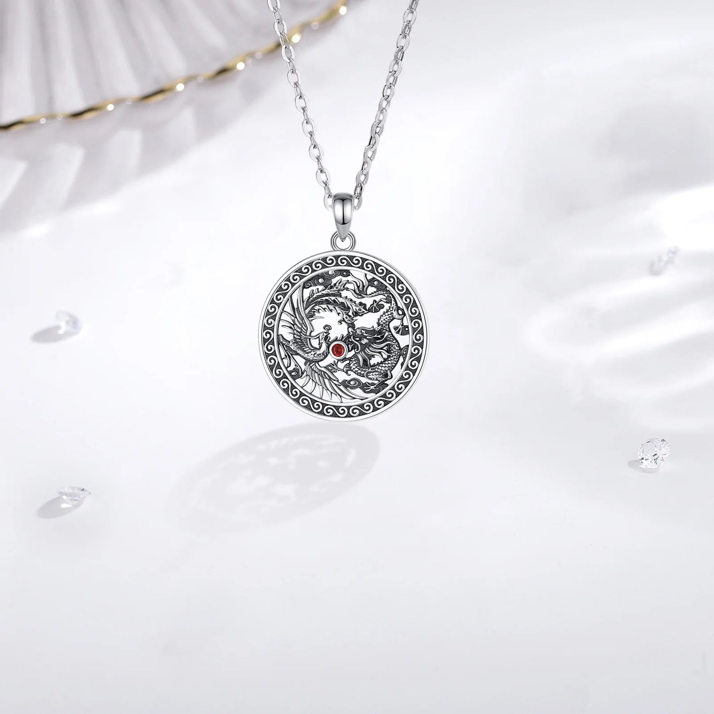 Eudora Halskette aus 925er-Sterlingsilber, Phoenix-Drachen-Halskette für Damen und Herren, Vintage-Stil, roter Zirkon, Sonnenamulett-Anhänger, Persönlichkeitsschmuck, Geschenk