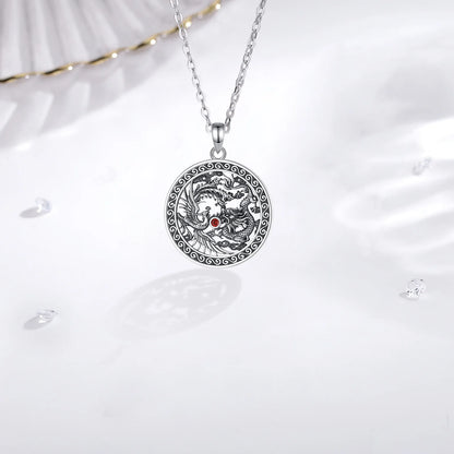 Eudora Halskette aus 925er-Sterlingsilber, Phoenix-Drachen-Halskette für Damen und Herren, Vintage-Stil, roter Zirkon, Sonnenamulett-Anhänger, Persönlichkeitsschmuck, Geschenk