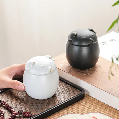 Urn for pet ashes, cat shape memorial cremation urns, hand crafted black, decorative urns for burial dog, ceramic sealed jar