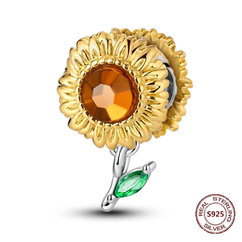 Gelber Sonnenblumen-Charm aus 925er Silber, Original-Zirkon, Kolibri, Einhorn-Charms, passend für Armbänder, DIY-Schmuck für Frauen, Hochzeitsgeschenk