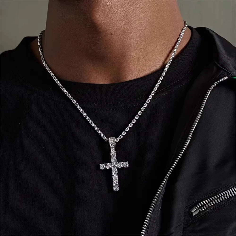 Halskette aus 925er-Sterlingsilber mit eingelegtem Kristallzirkon, modisches Kreuz-Herren-Anhänger-Halskette, Party-Geschenkschmuck
