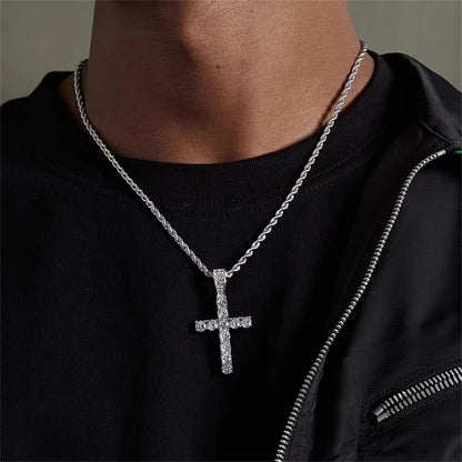 Halskette aus 925er-Sterlingsilber mit eingelegtem Kristallzirkon, modisches Kreuz-Herren-Anhänger-Halskette, Party-Geschenkschmuck