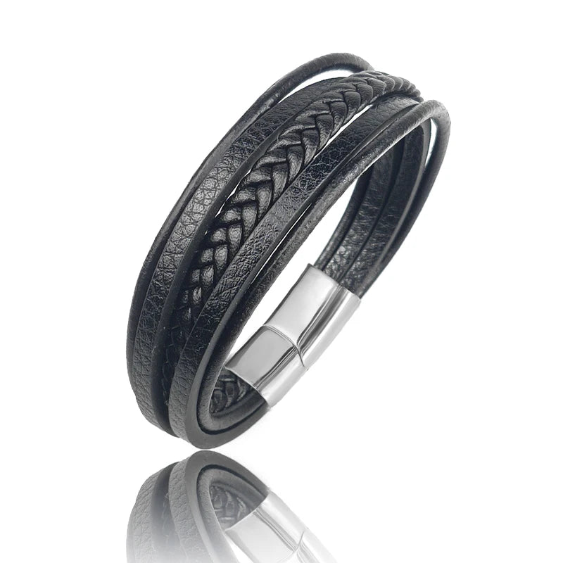 MingAo New Titanium Steel Blue Punk Braided Leather Bracelet For Men Black Magnet Clasp Bangle The Best Gift for Vintage Jewelry