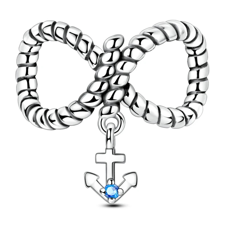 Romantische Schleifenperlen aus 925er-Sterlingsilber und herzförmiger, unendlicher baumelnder Charm, passend für Armbänder, schöne Schmuck-Accessoires, Geschenke
