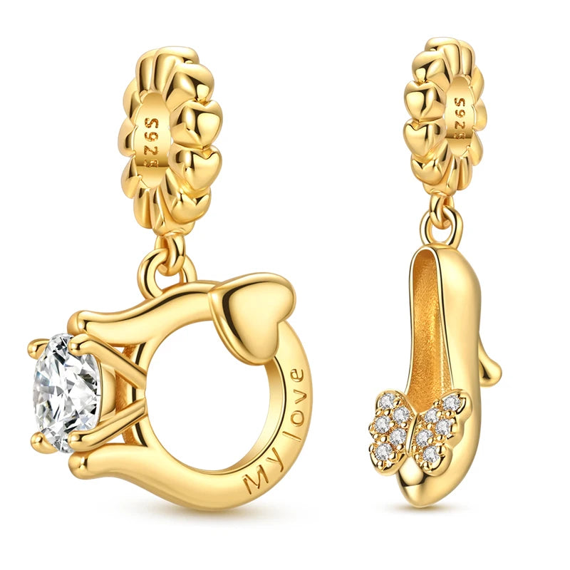 Goldfarbene Charms aus 925er Sterlingsilber, original goldene Sicherheitskette, runder Abstandshalter-Clip-Charm, DIY-Schmuck für Damen, Armband, Geschenk