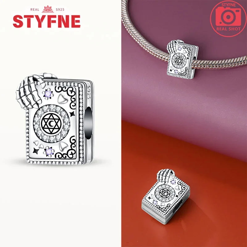 Silber 925 lila fliegender Hexenhut und Zauberbuch-Charms, Perlen, passend für Original-Armbänder, DIY-Halloween-Charm für Frauen, Schmuck, Geschenke