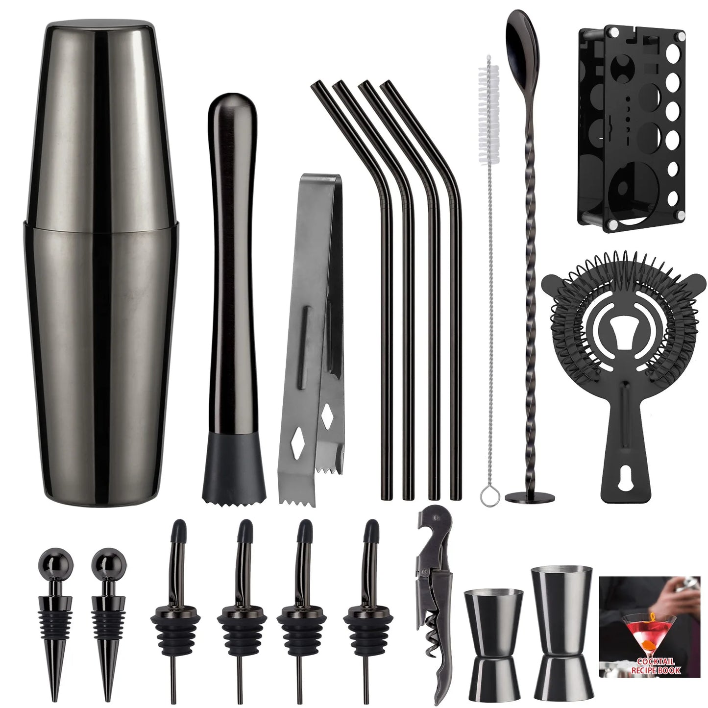 Cocktail-Shaker-Set, 20-teilig, Barkeeper-Set mit Ständer, Mixologie-Bar-Set, Getränkemixer-Set mit unverzichtbarem Zubehör, Werkzeug, Rezept-Broschüre