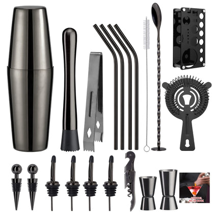 Cocktail-Shaker-Set, 20-teilig, Barkeeper-Set mit Ständer, Mixologie-Bar-Set, Getränkemixer-Set mit unverzichtbarem Zubehör, Werkzeug, Rezept-Broschüre