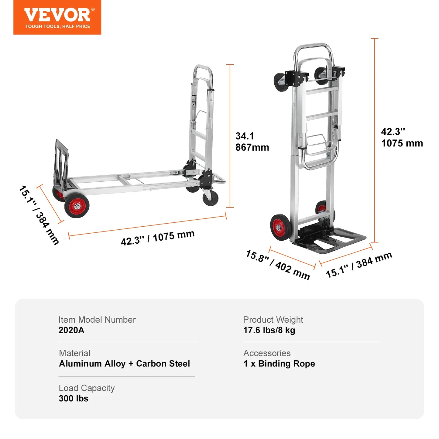 VEVOR 2-in-1 Sackkarre Klappbar 113/181kg Tragfähigkeit Transportkarre Aluminiumlegierung & Kohlenstoffstahl Sackkarre ⇋ Plattformwagen Trolley für Lade- & Transportaufgaben im Innen- & Außenbereich