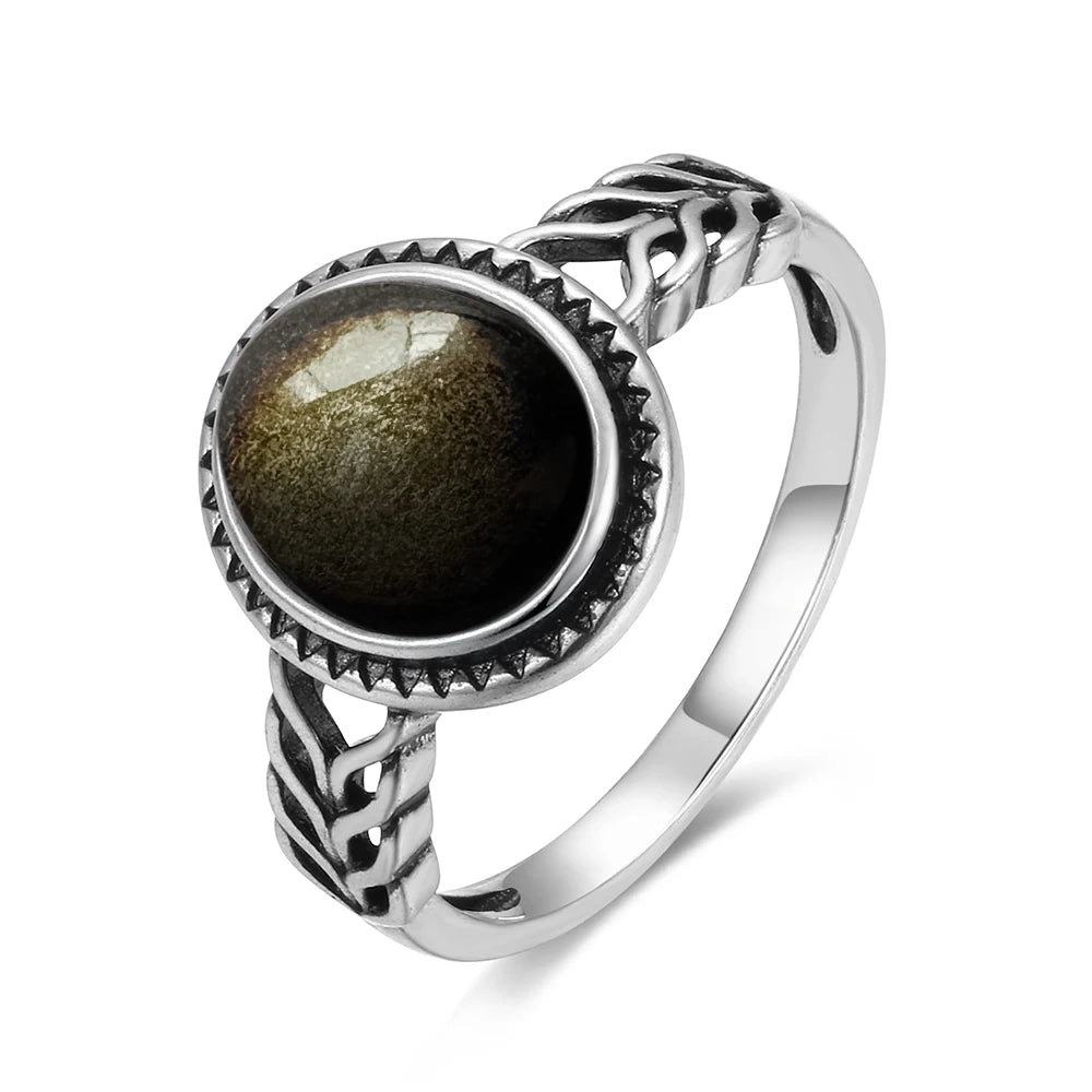 Vintage S925 Sterling Silber Ring Oval Runde Natürliche Obsidian Ring Sonne Und Blume Geformt Retro Edlen Schmuck Für Frauen Männer