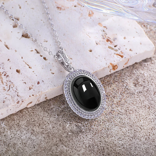 Halskette aus 925er-Sterlingsilber, natürlicher schwarzer Onyx, oval, 10 x 14 mm, mit Cry-Skelett, schlichtes Design, mit Kristall für Damen