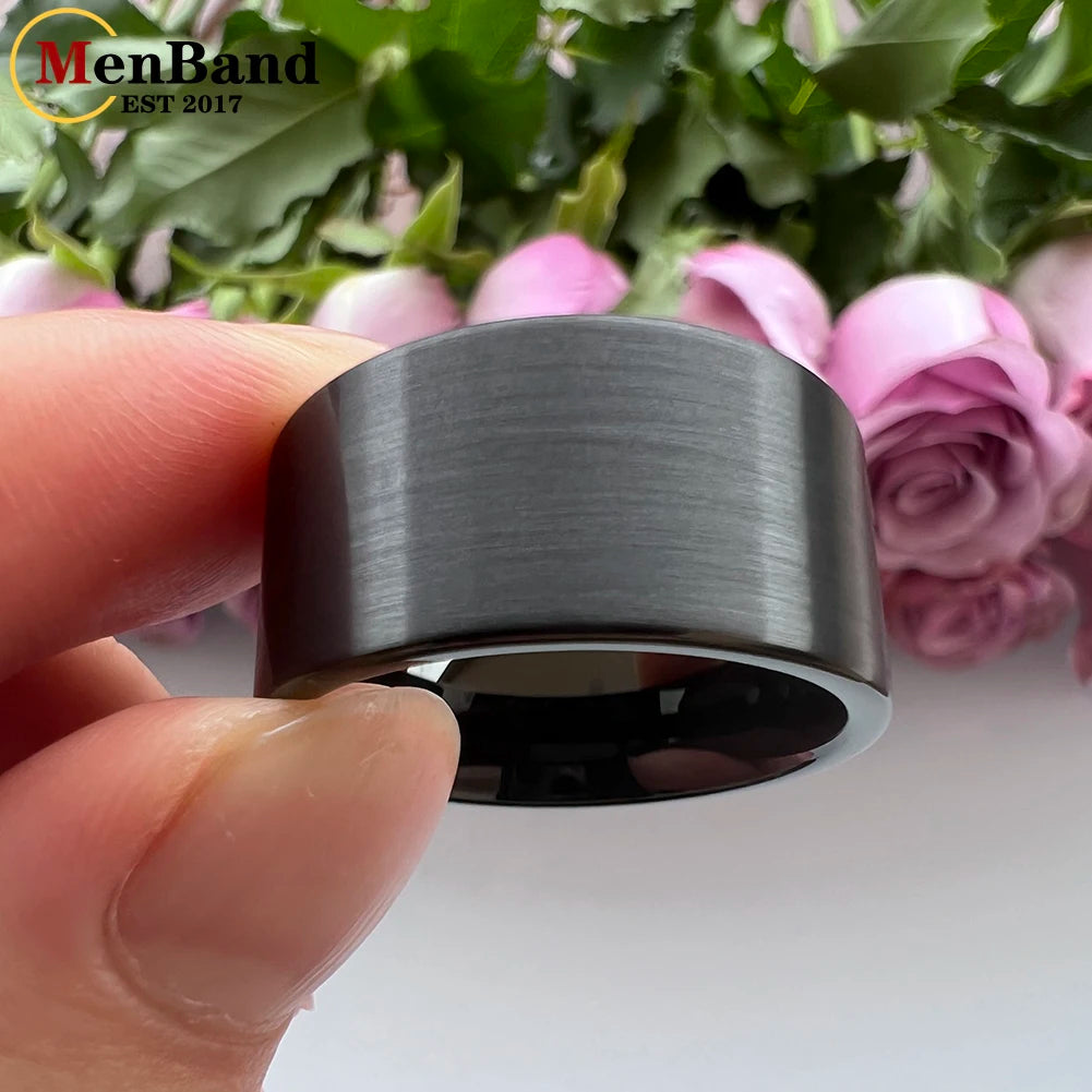 MenBand 10 mm 12 mm großer Herrenring, schwarzer Wolfram-Ehering, flaches Band und gebürstete Oberfläche, bequeme Passform