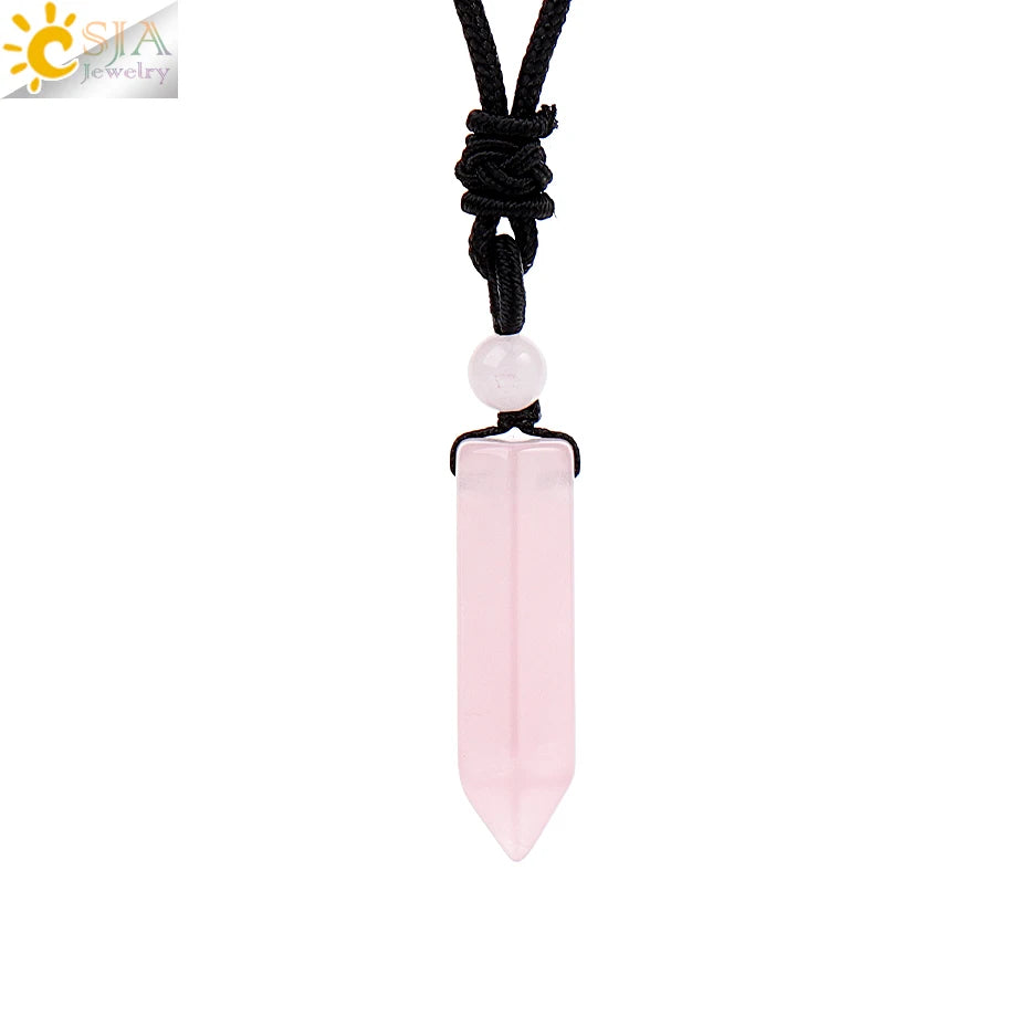 CSJA Sechseckige Naturstein-Anhänger-Kristall-Halskette für Damen und Herren, Amethyst, Tigerauge, schwarzer Obsidian, verstellbare Seilkette H477