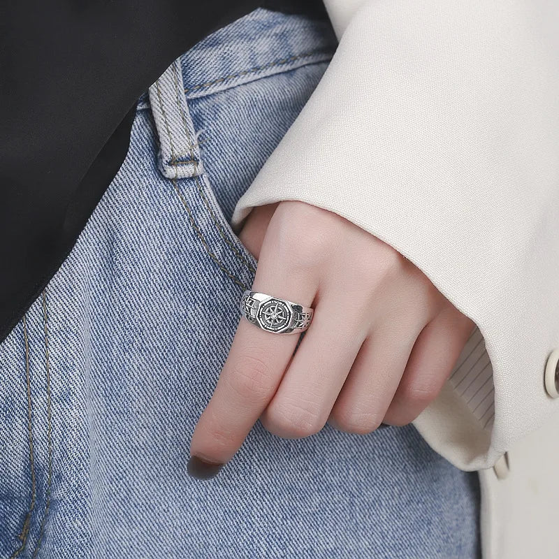 Retro Poseidon Kompass Ring versilbert Hexagramm Öffnung verstellbarer Ring Männer und Frauen Hip-Hop Trend Schmuck Geschenk