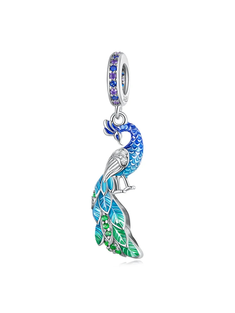 Bamoer 925 Sterling Silber Schrittweise Blau Pfau Hängen Perlen Zarte Tier Anhänger Charms für Frauen Geburtstag Geschenk BSC696