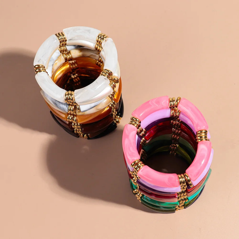 Vintage Chunky Bamboo Elbow Acrylic Bracelets for Women Men Rock Punk Stretch Large Curved Tube Stacking Bangle Couple Jewelry Gifts
