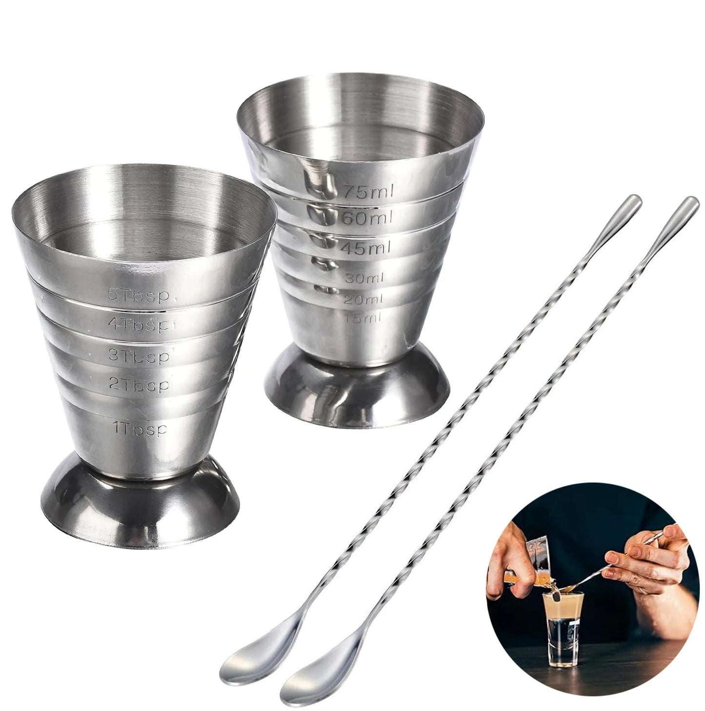 Edelstahl-Messbecher mit Rührlöffel, Cocktail-Jigger, Messbecher, 2,5 oz/5 TBSP/75 ml, Liquor Shot Set, Bar-Zubehör