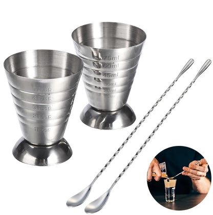 Edelstahl-Messbecher mit Rührlöffel, Cocktail-Jigger, Messbecher, 2,5 oz/5 TBSP/75 ml, Liquor Shot Set, Bar-Zubehör