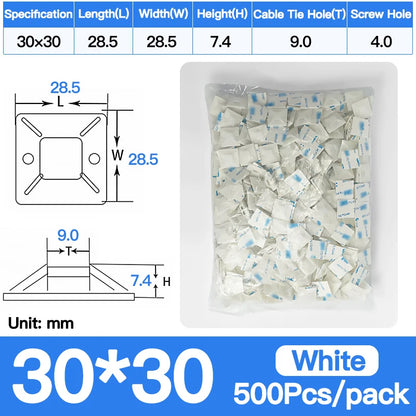 250/500/1000 Stück selbstklebende Nylon-Kabelbinderhalter, Kabelbinder, fester Sitz, PA66-Kunststoff-Kabelklemmen, 3 m, stark klebende Kabelbinderhalterung