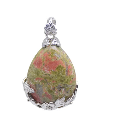 Damen-Naturstein, lila Kristall, Aventurin, Opal, Karneol, Onyx, Rosenquarz, Lapislazuli, Tropfenform, eingelegter Blumenanhänger aus Metall