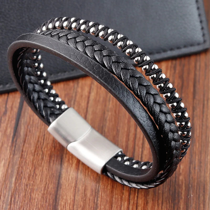 Geflochtenes Seil gewebtes schwarzes Leder Herrenarmbänder Punk-Stil Edelstahl-Armreif für Freund Charm Modeschmuck Geschenke
