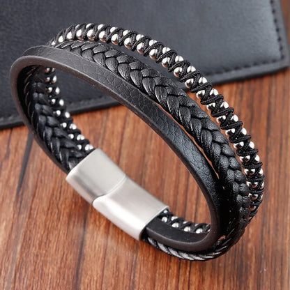 Geflochtenes Seil gewebtes schwarzes Leder Herrenarmbänder Punk-Stil Edelstahl-Armreif für Freund Charm Modeschmuck Geschenke
