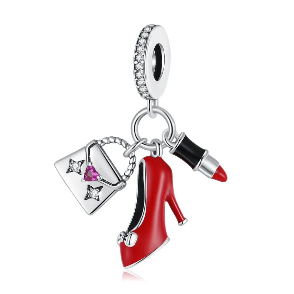 Klassische rote High Heels und goldene Turnschuhe aus 925er-Sterlingsilber, Fußball-Trophäe, baumelnder Charm, passend für Armbänder, Boutique-Schuhserie, Geschenke
