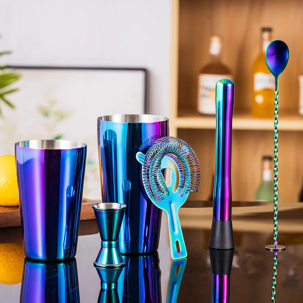 5-teiliges Regenbogen-Cocktail-Shaker-Bar-Set, Boston Shaker-Dosen aus Edelstahl, Barkeeper-Set, Getränkemixer, Party-Bar-Werkzeuge