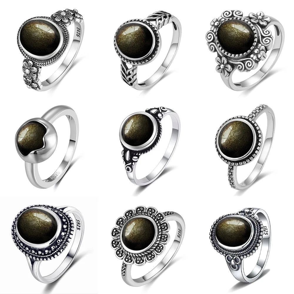 Vintage S925 Sterling Silber Ring Oval Runde Natürliche Obsidian Ring Sonne Und Blume Geformt Retro Edlen Schmuck Für Frauen Männer
