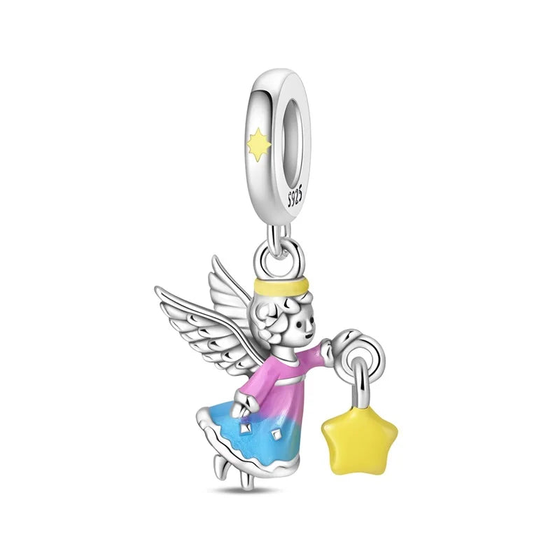 Heißer Verkauf, 925er-Sterlingsilber, Sterne und Mond, Perlen, Schmetterling und Engel, baumelnder Charm, passend für Armbänder, niedliche bunte Anhänger-Geschenke