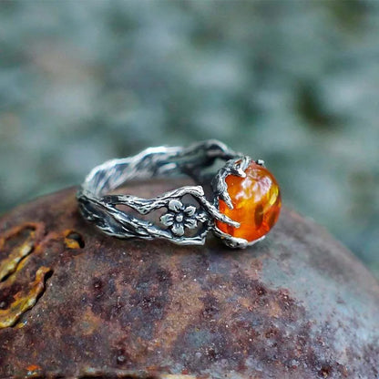 Retro hohle Blume Bernstein Stein Ring für Frauen Silber Farbe Vintage Ring Unisex Accessoires handgemachte Designer Schmuck Liebhaber Geschenk