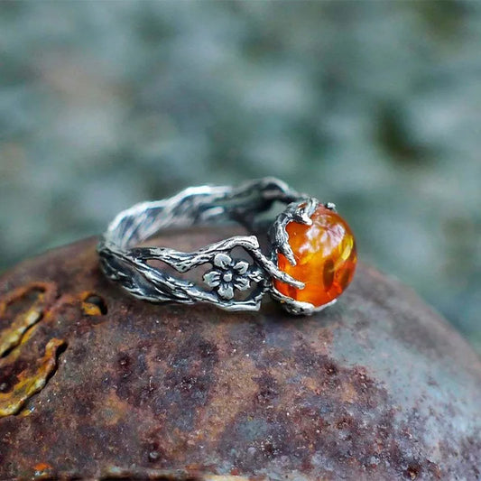 Retro hohle Blume Bernstein Stein Ring für Frauen Silber Farbe Vintage Ring Unisex Accessoires handgemachte Designer Schmuck Liebhaber Geschenk