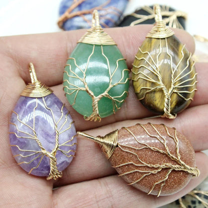 Naturstein-Kristall-Anhänger, Baum des Lebens, Amethyste, Rosen, Quarz, Kupferdraht, Draht umwickelt, trendige Schmuckherstellung, Großhandel, 6 Stück