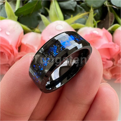 iTungsten 8 mm schwarze/silberne Wolfram-Eheringe für Männer und Frauen mit blauen Folien, abgeschrägte Kanten, polnisch, glänzend, bequeme Passform