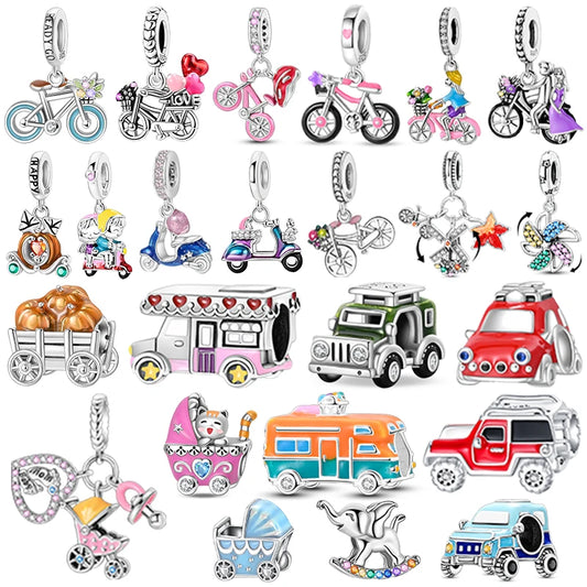 2025 heißer Verkauf Charms Perle 925 Sterling Silber Fahrrad Blume Kinderwagen Anhänger Fit Armreif Armband Halskette DIY Schmuck