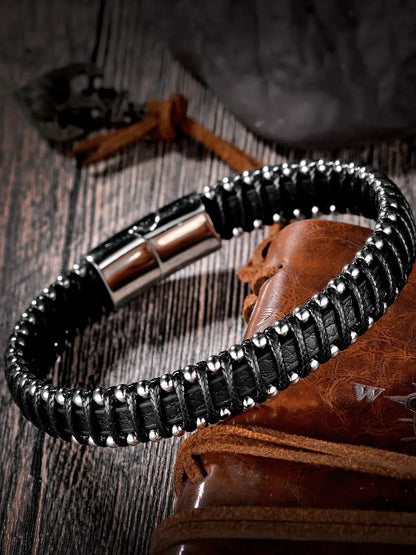 Geflochtenes Seil gewebtes schwarzes Leder Herrenarmbänder Punk-Stil Edelstahl-Armreif für Freund Charm Modeschmuck Geschenke