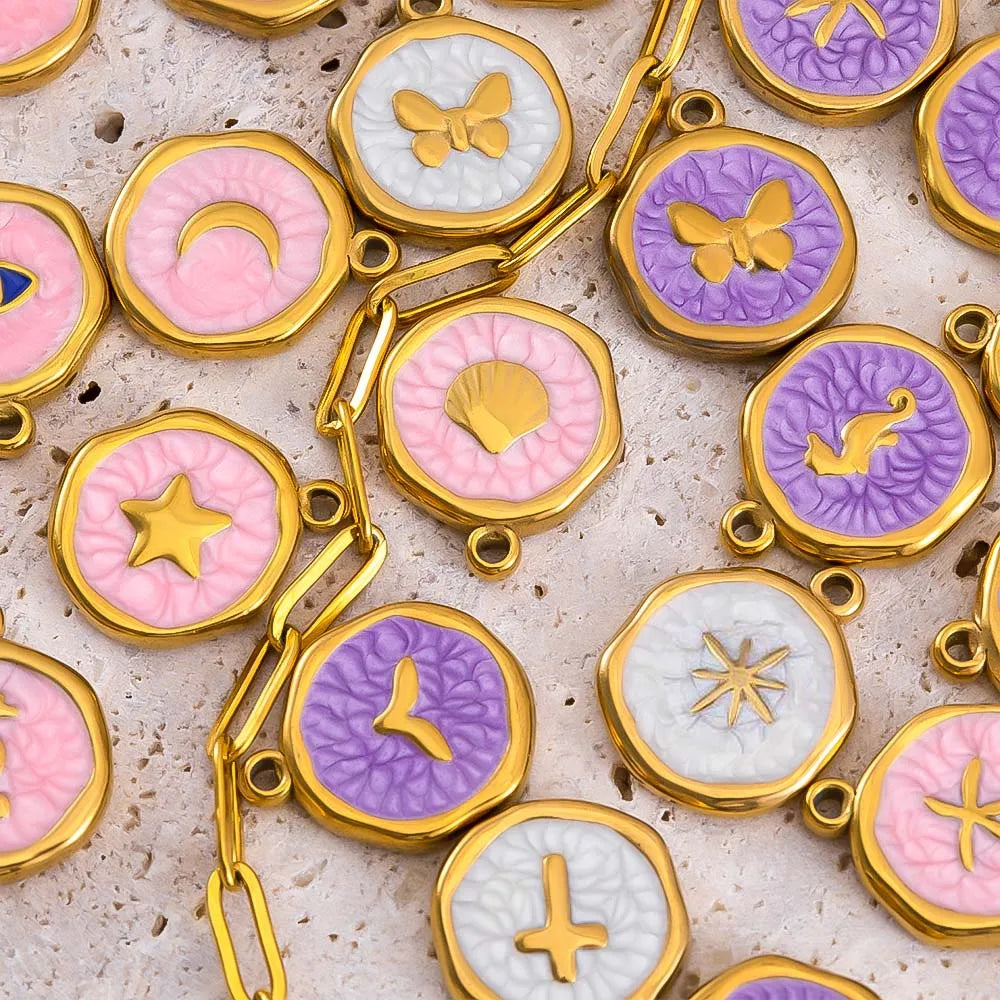 8 Stück Edelstahl Lila Rosa Emaille Herz Auge Sonne Mond Runde Anhänger für DIY Armband Ohrring Halskette Schmuckzubehör