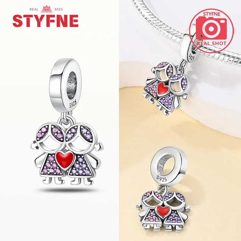 Sterling Silber S925 Schwestern auf der Schaukel Charms Herz Bead Fit Original Armband Armreif DIY Feines Geschenk Schmuck für Frauen