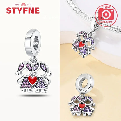 Sterling Silber S925 Schwestern auf der Schaukel Charms Herz Bead Fit Original Armband Armreif DIY Feines Geschenk Schmuck für Frauen