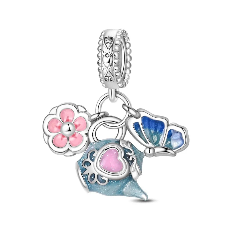 Blaue Serie 925er Sterling Jungfrau Maria Schleife Chamäleon Tanzschuhe Flugzeug Ticket Charm passend für DIY Armband Halskette süße Geschenke