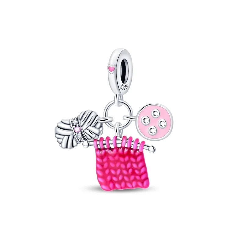 Original 925 Sterling Silber Nähmaschine Schere Charms Perle eingelegt rosa Zirkonium Anhänger passen Armband Schmuck Liebhaber Geschenk