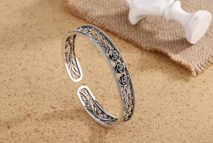 Neue Retro Rose Blatt Hohl Armbänder 925 Sterling Silber Schmuck Temperament Persönlichkeit Süße Blume Öffnung Armreifen TYB119