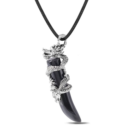 Vintage Herren Kristall-Halskette Drachen Naturstein Rosa Quarz Obsidian Amethyst Anhänger Edelstahl-Halsketten Amulett